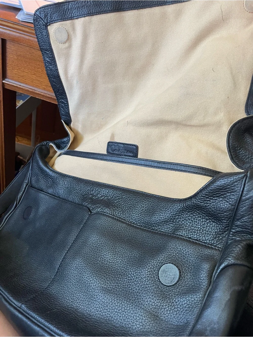 Cole Haan Black Pebbled Leather Laptop Messenger Bag